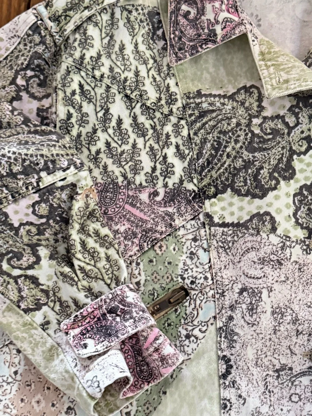 Free People Nadia Moto Jacket Oversized XS Patchwork Paisley Floral Cotton Boho